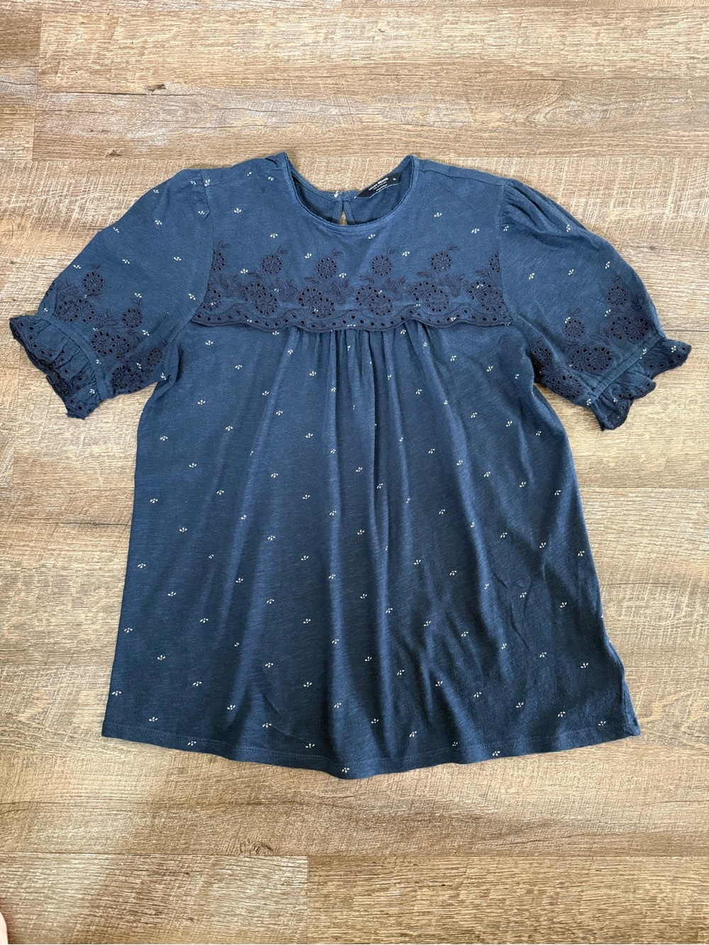 Lucky Brand Navy Eyelet Yoke Short Sleeve Blouse